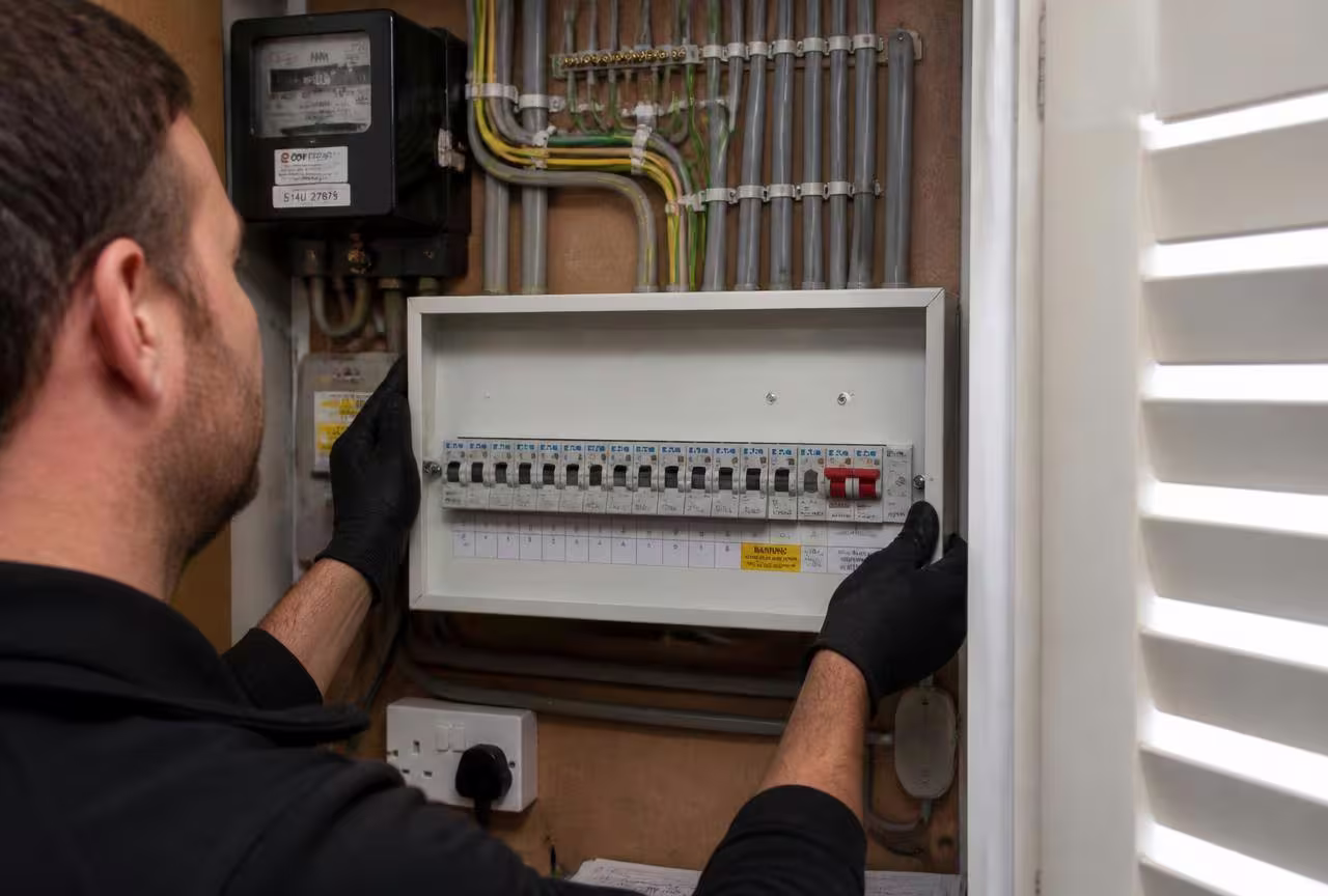 Electrician fitting a modern consumer unit with RCBO protection