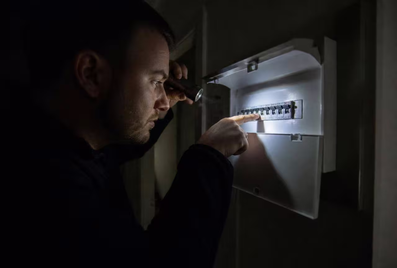 Electrician inspecting a tripped consumer unit by torchlight during an emergency call out