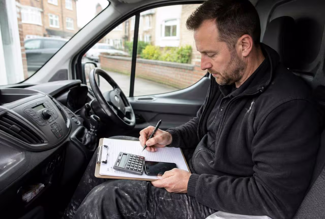 Electrician pricing up an emergency call out on a clipboard in the van
