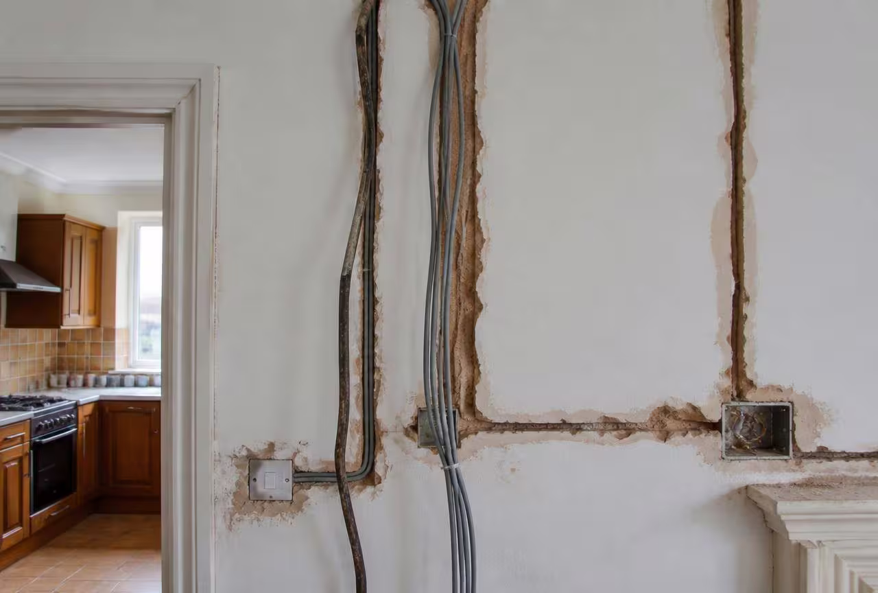 House rewire in progress with old cabling replaced by new PVC cable