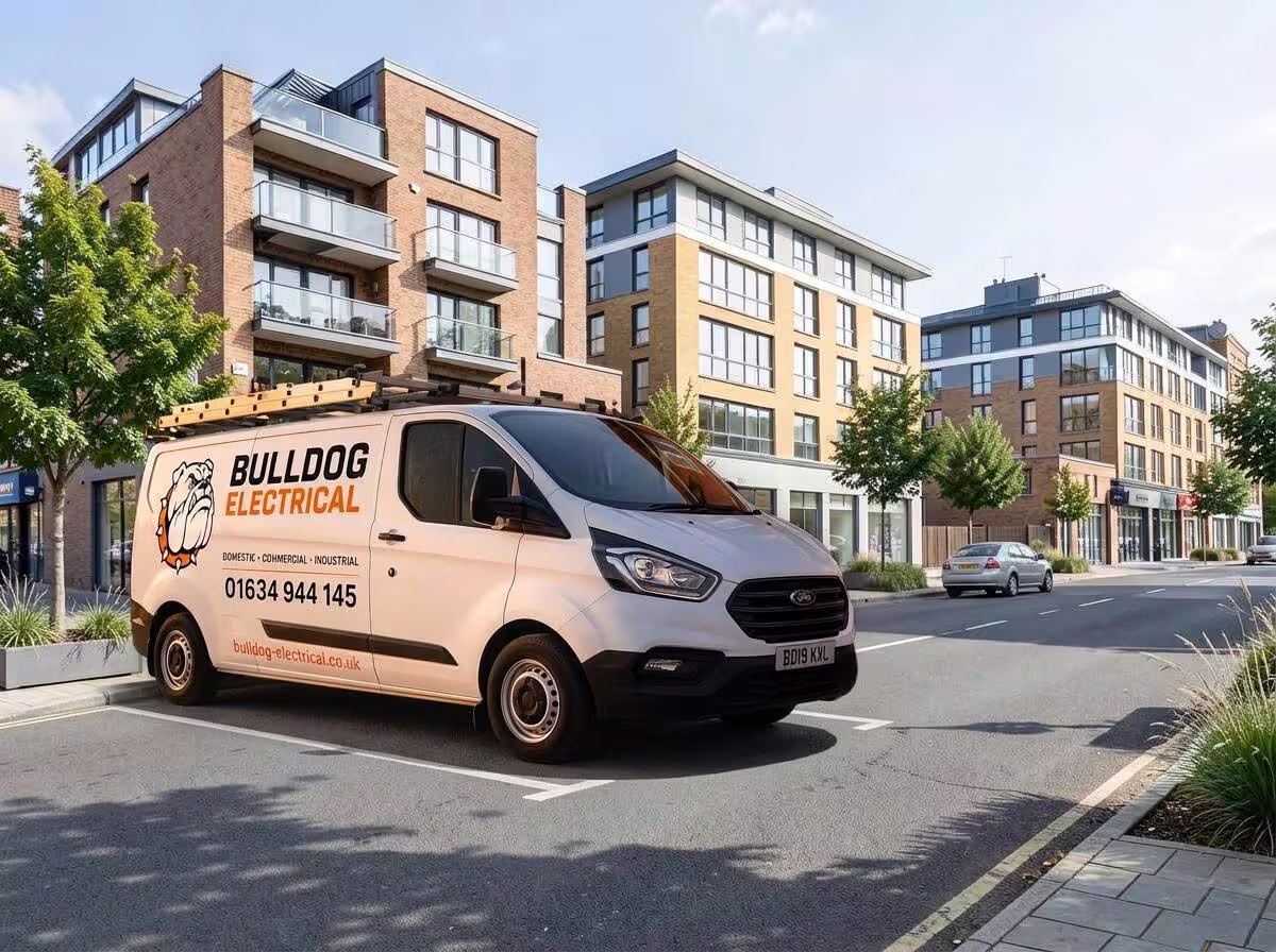 Bulldog Electrical van on a modern mixed-use street with retail, office and residential buildings