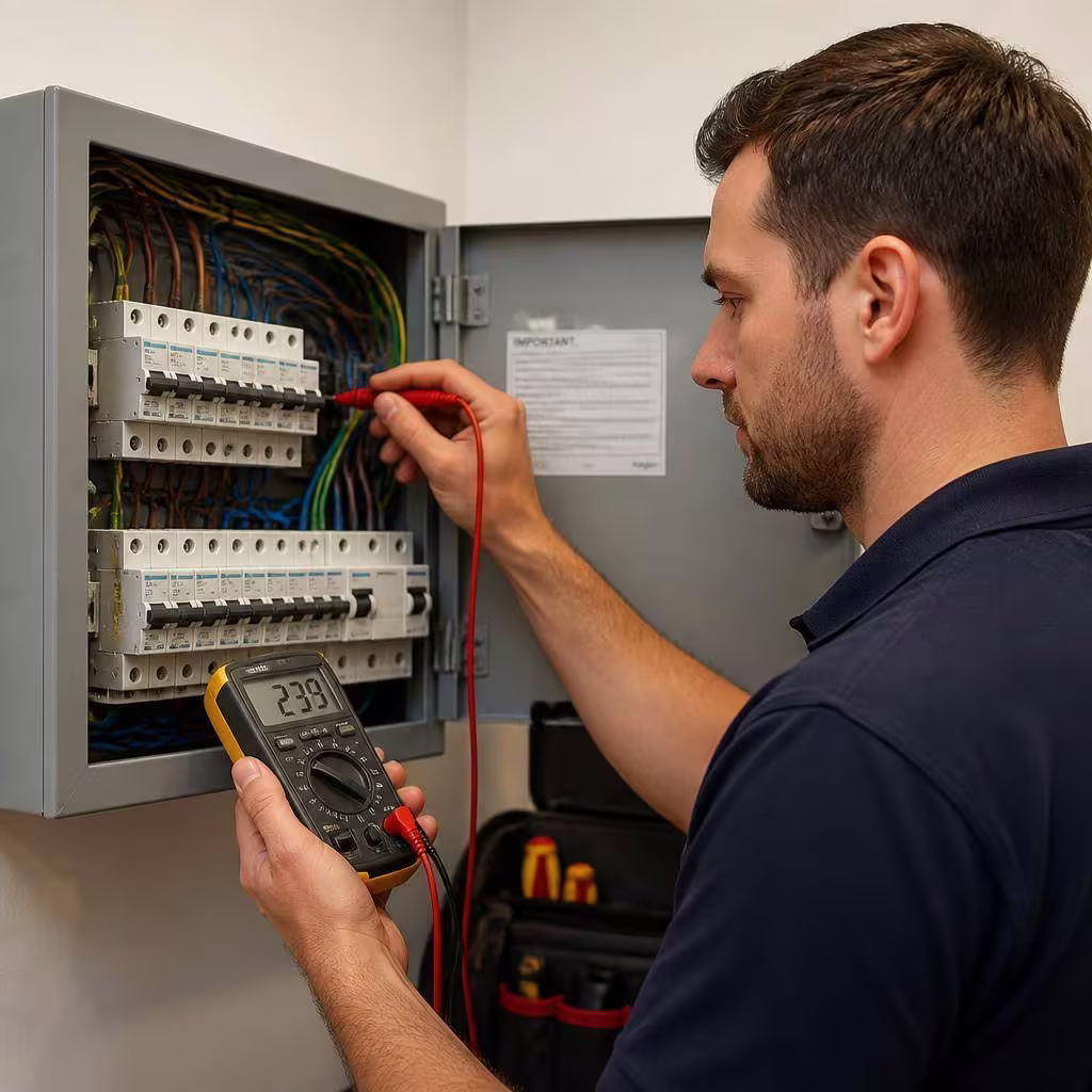 Electrician using a multimeter to test circuits inside a consumer unit