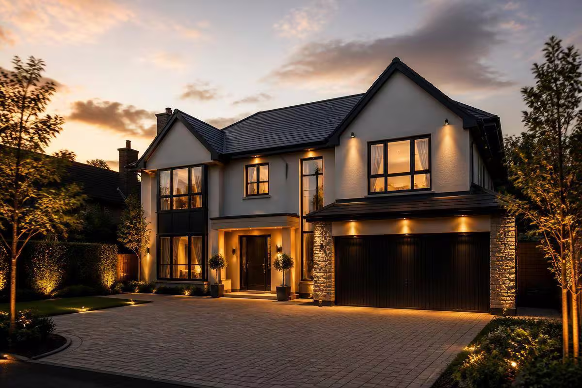 Exterior LED facade and garden lighting on a modern British home