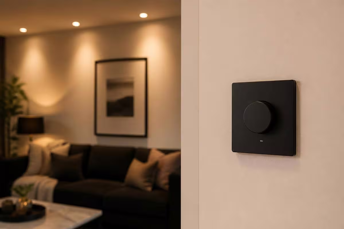 Smart dimmer switch controlling warm LED downlights in a living room
