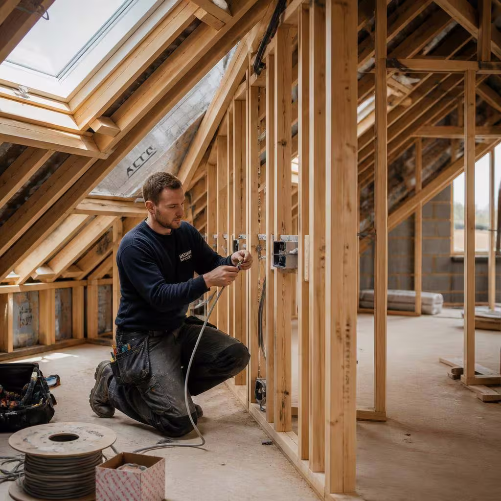 Loft conversion stud work being built with an electrician running cables