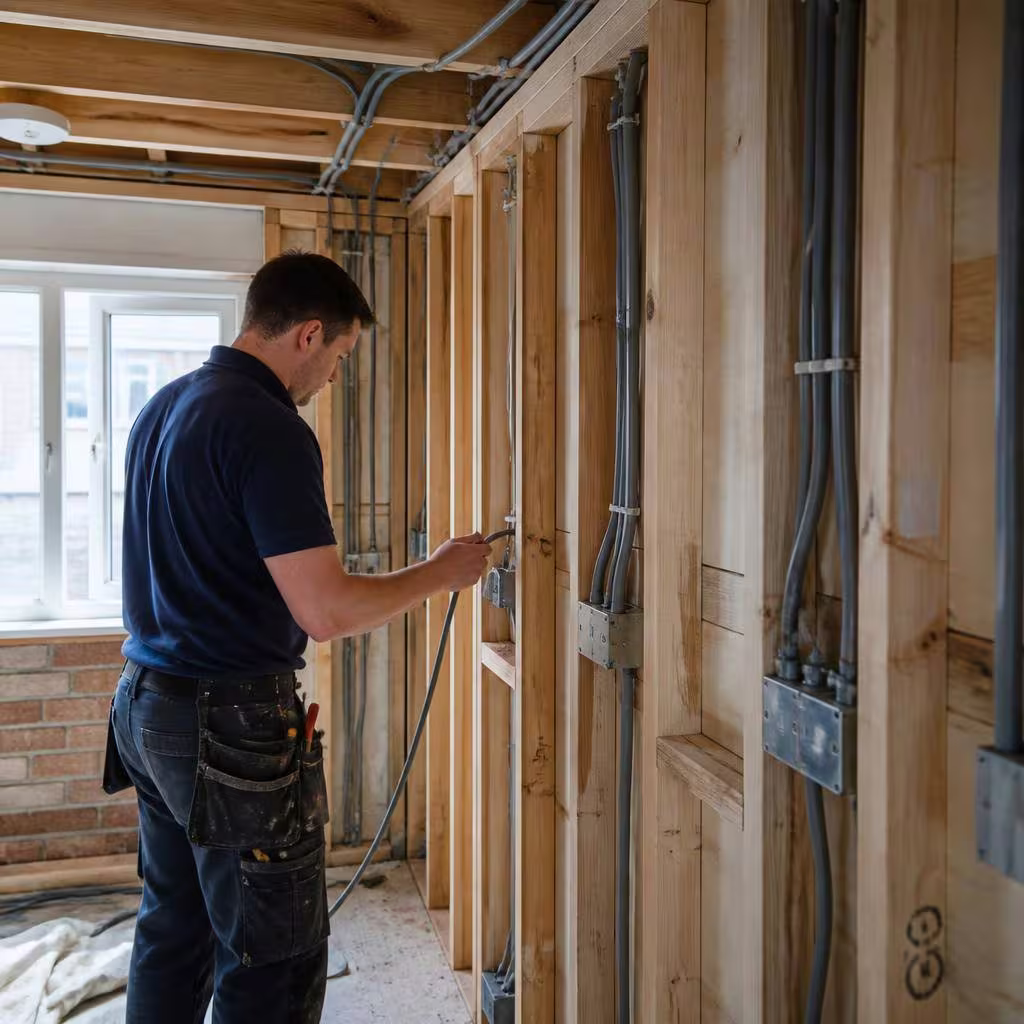 First fix rewiring inside a British home with cables neatly routed through timber studs