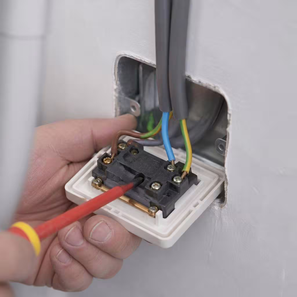 Electrician terminating new cables into a socket box during a rewire