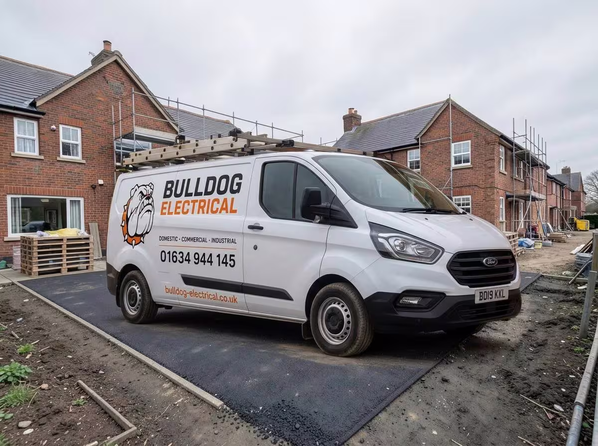 The Bulldog Electrical team beside their van on a Kent industrial estate